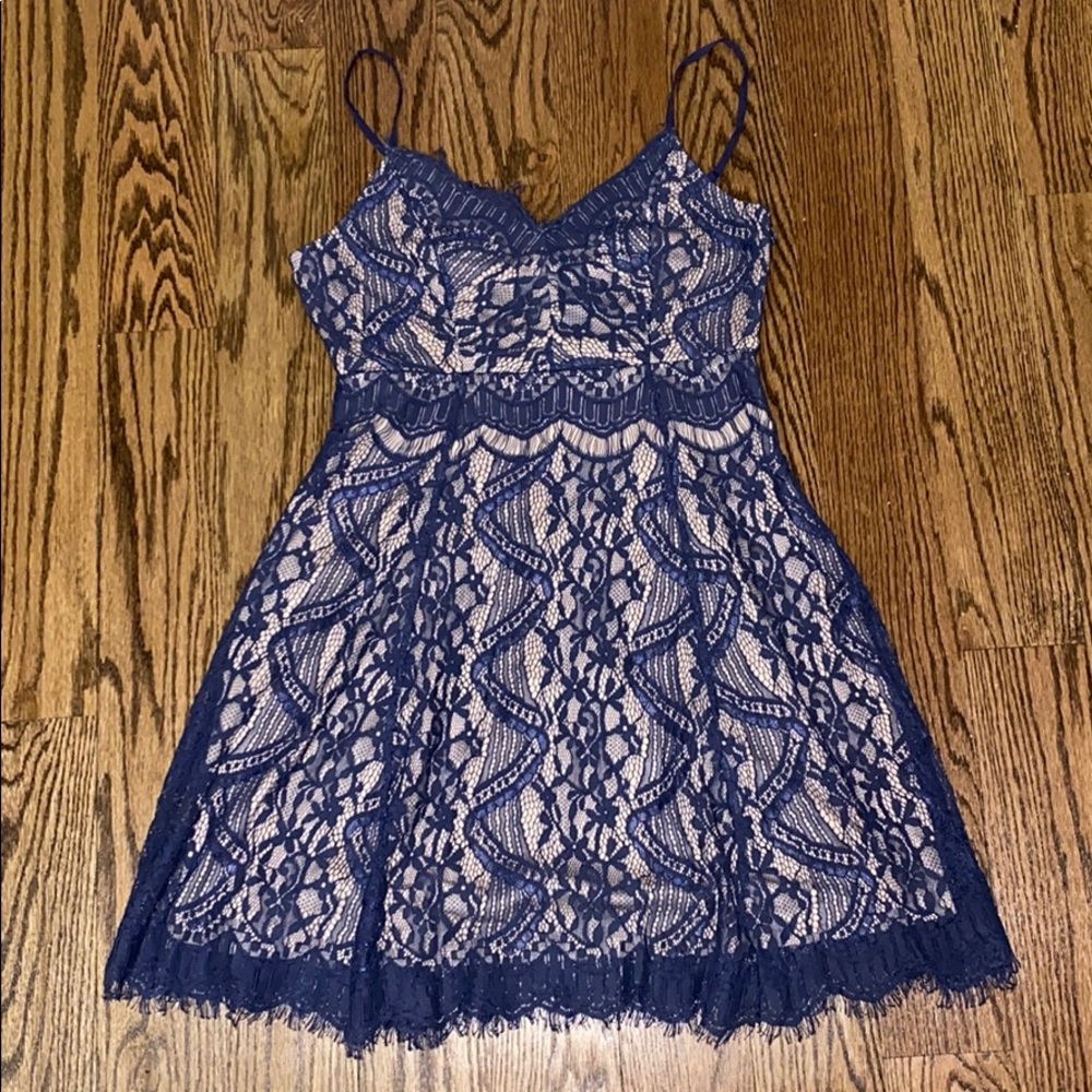 Blue Lace Dress with Tan slip